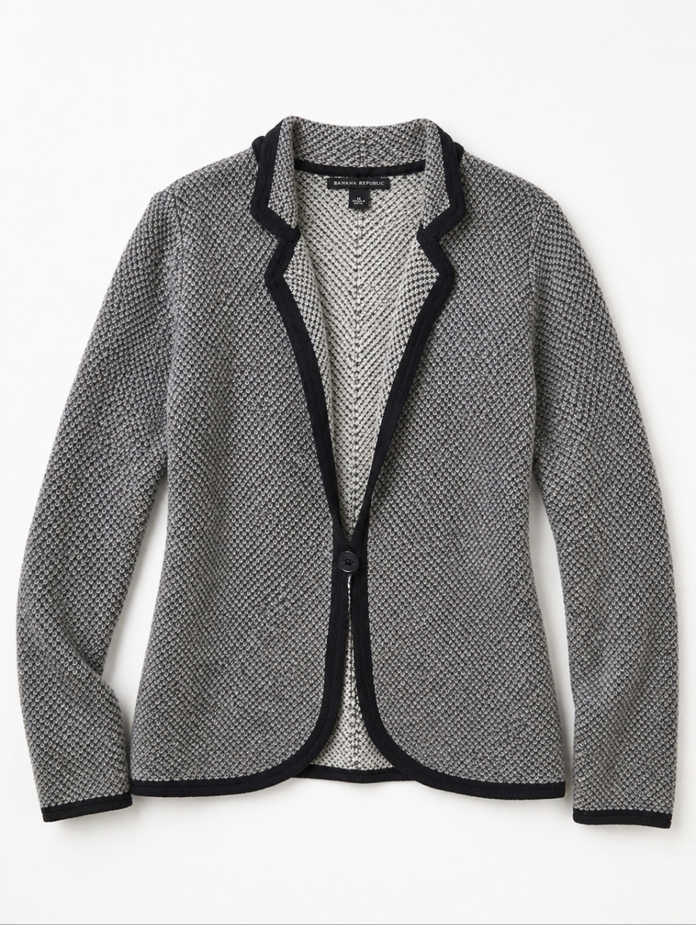 Banana Republic Merino Wool Sweater Blazer M Grey Black Trim Academia Preppy